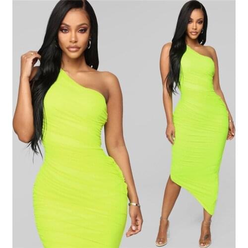 Fluorescent Green Sexy One Shoulder Pleated Mid Calf New Celebrity Women Bandag Dress Night Club Party Dress Vestido