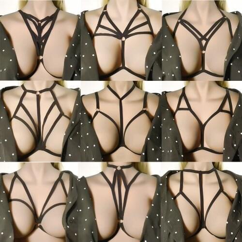 Goth Body Harness Belt Bra Women Open Chest Top Black Rave Cage Bra Sexy Lingerie Hollow Bondage Body Harness