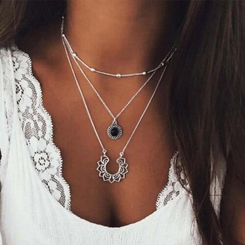 HebeDeer Lotus Necklace Multilayer Chain Women Necklaces Jewelry Love Beads Moon Star Horn Crescent Choker Necklaces Jewelry New