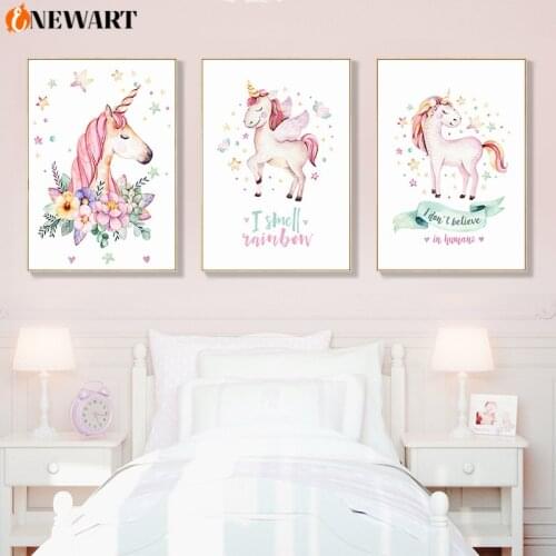 Baby Girl Nursery Canvas Painting Kids Bedroom Poster Print Unicorn Pink Decoration Picture for Child Room Nordic Decor Design
