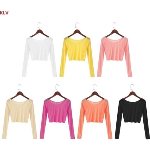 KLV Women Sexy Slim Semi-transparent Mesh Crop Tops Girl Long Sleeve Short T-Shirts Tees Single Layer