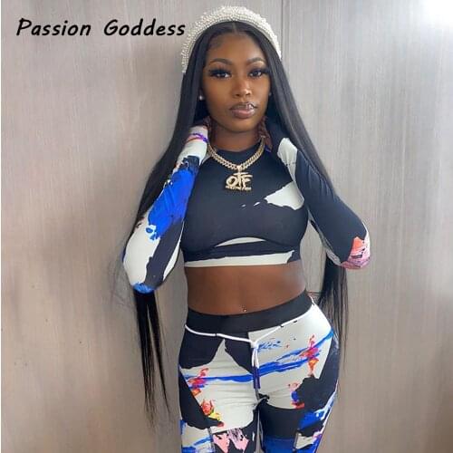 2 Piece Tie-dye Print Skinny Tracksuits Women Set Long Sleeve Cropped Tops Shirts Drawstring Leggings Suit Joggers Two Piece Set