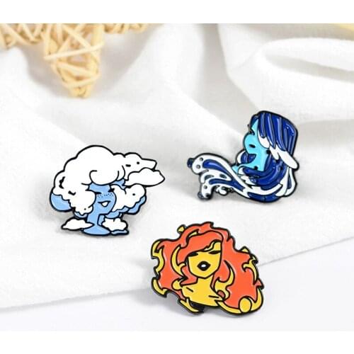 Creative cartoon three girls sea wave flame white cloud long hair curly hair girlfriends enamel pin girl metal badge punk gift