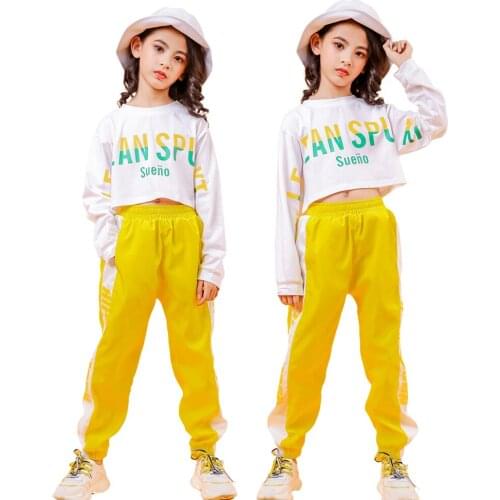 Lolanta Kids Girls White Long Sleeve Top Or Yellow Loose Jopping Pants Hip Hop Stree Dance Performance Clothes Casual Wear