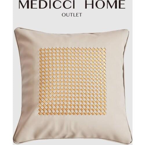 Medicci Home Geometry Textured Farmhouse Pillow Covers 18x18Inch Beige Faux Leather Accent Cushion Case Hand Woven Decorative