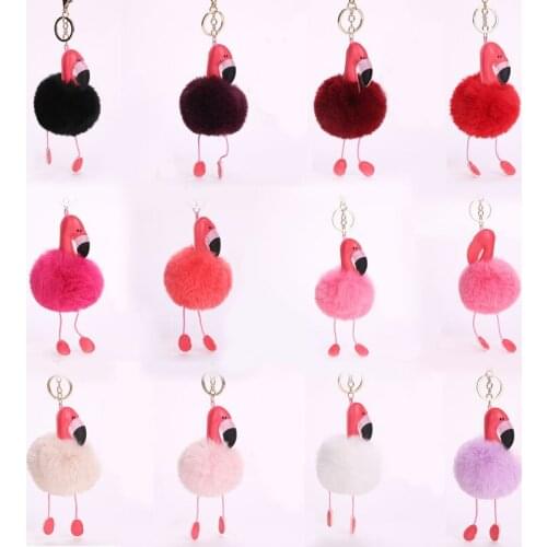 Cute Fluffy Pompom Flamingo Plush Toy Fur Fake Rabbit String pendant rope plush Doll toys decor Gift Toy Bag Pendant Toy