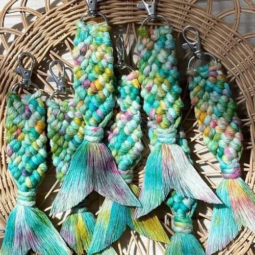 Vedawas Fashion Fiberart Fringed Macrame Fishtail Keychains for Women Ethnic Colorful Cotton Handmade Mermaid Key Chains Jewelry