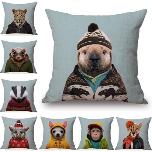 Sea Otter Rabbit Bear Elephant Animal Hand Painting Cushion Cover Beige Linen Pillow Case 45x45cm Pillowcase Sofa Decor