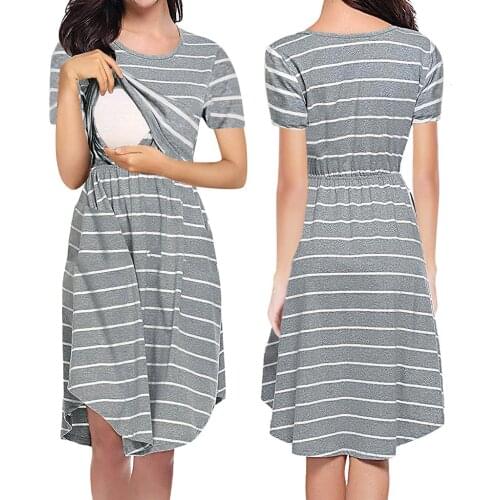 2021 New Nursing Dresses Breastfeeding Maternity Clothes Dress Striped Multifunctional Maternity Dress Mother Clothes Q0202