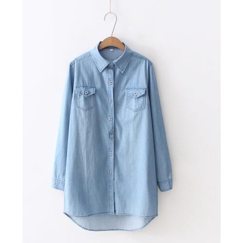2020 New Denim Women Blouse And Shirts Solid Blue Long Loose Lady Casual Elegant Jean Shirts Outwear Coat Tops