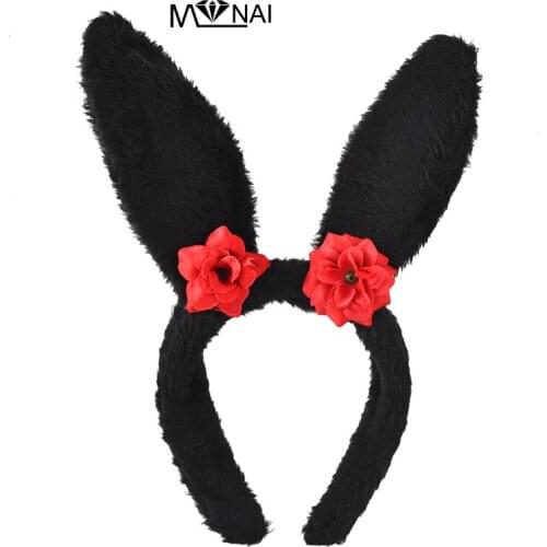 Lolita Halloween Party Hair Band Plush Rabbit Ears Red Flower Crystal Headband Cosplay