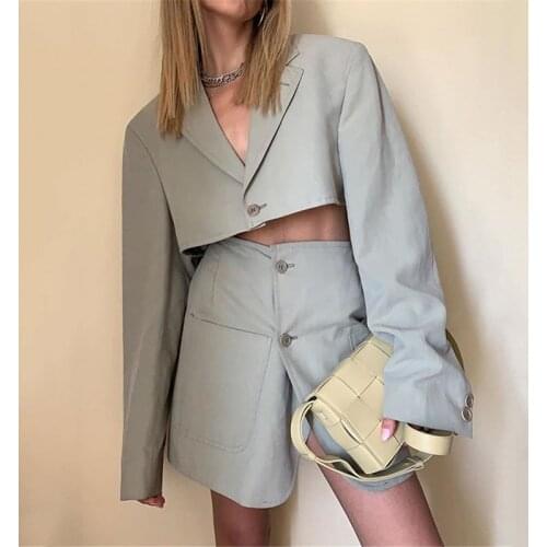 Sexy Notched Single Button Blazer Set Women 2021 Spring V-neck Long Sleeve Top Asymmetry Skirt Suit Office Ladies Outfit Dress