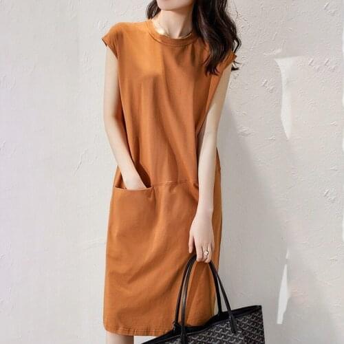 Summer new short sleeve womens fashion loose thin solid color sleeveless T-shirt dress medium length dress elegant