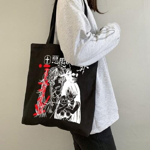 Harajuku Punk Maiden Printed Black Canvas Bag Gothic Style Anime Shopper Large Capacity Vintage Womens Bag Handbag Shoulder Bag