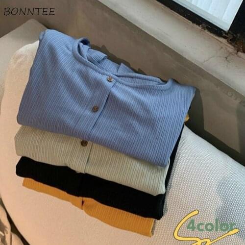 Cropped T-shirt Women Slim Solid Summer Fashion Button Retro Friend Daily Tops All-match Simple Korean Style Ins Chic Soft Basic