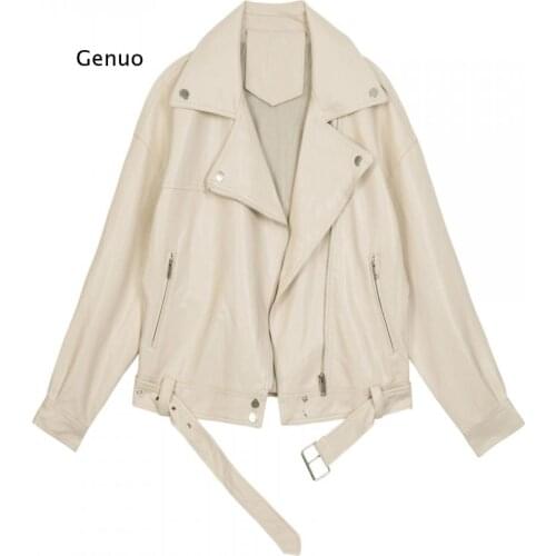 2021 New Spring Women Pu Leather Motorcycle Jacket Female with Belt Solid Color Jackets Ladys Loose Casual Jacket