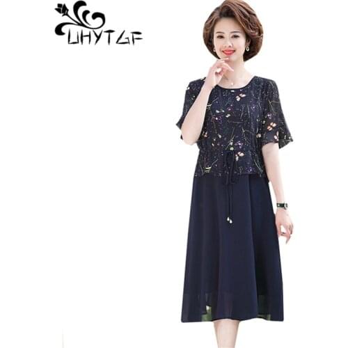UHYTGF Women Summer Dresses Fake Two Pieces Floral Chiffon 5XLPlus Size Dress O Neck Pullover Short Sleeve Casual Female Dress 2