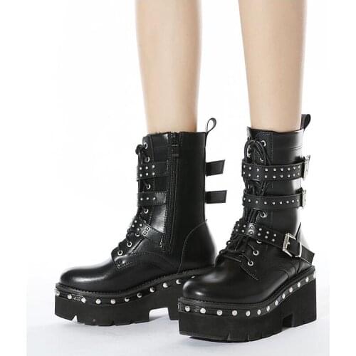 Autumn Spring Lace-Up Motorcycle Boots For Women Round Toe Thick Platform High Heels Female Ankle Boots Black Style Shoes Large