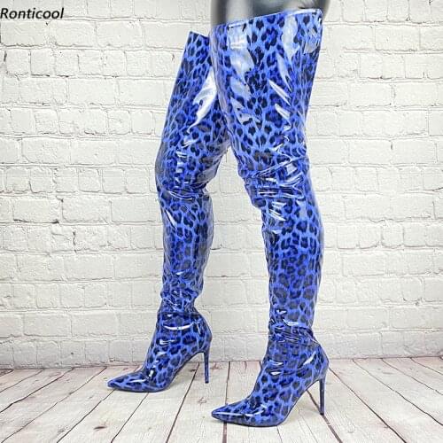 Ronticool Handmade Women Winter Thigh Boots Patent Leopard Zipper Stiletto Heels Pointed Toe Blue Night Club Shoes Us Size 5-15