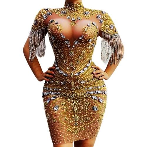 Sparkly Gold Diamonds Silver Chain Tassel Women Dress Tight Stretch Mesh Perspective Dress Evening Prom Outfit Nightclub Costume