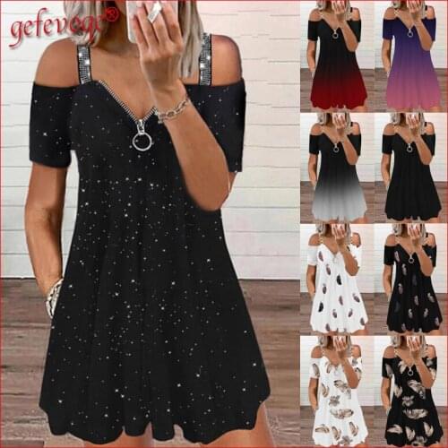Sequins Gradient Printed Sexy Off Shoulder Dresses 2021 Summer Women Elegant Short Sleeve Zipper Party Beach Mini Dress Vestidos