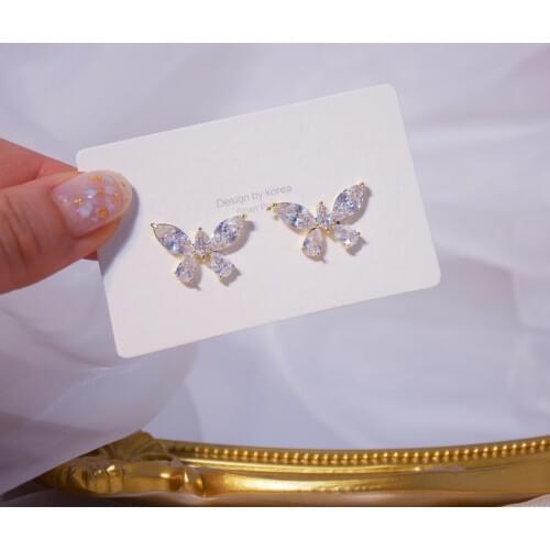 14k Real Gold Fashion Jewelry Crystal Butterfly Exquisite Stud Earrings for Woman Holiday Party Elegant One Set Earring