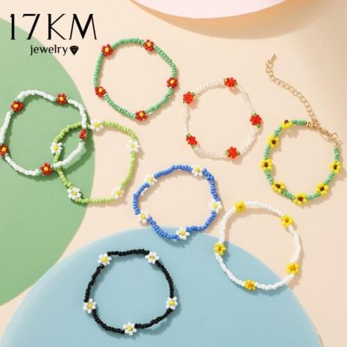 17KM Korean Flowers Daisy Beads Bracelets Transparent Colorful Beaded Handmade Elastic Wristband for Women 2021 Trend Jewelry