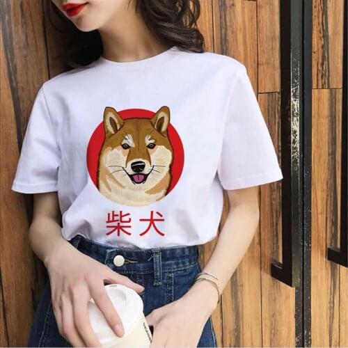 2021 Women Simple T-shirts Japanese Shiba Inu Eating Ramen Unisex Summer Outfit Graphic Streetwear Harajuku Tee&Top