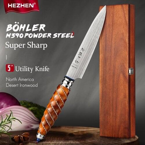 HEZHEN 5 Inches Utility Knife BÖHLER M390 Powder Steel Kitchen Tools For Maet Desert Ironwood Handle Cooking Knives