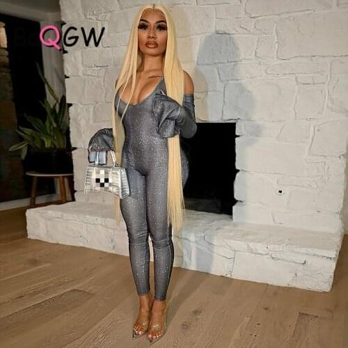 BaQGW Autumn Streetwear Bling Bling Flare Sleeve Jumpsuit Women Active Bodycon Off Shoulder Party Zip Romper One Piece Overalls