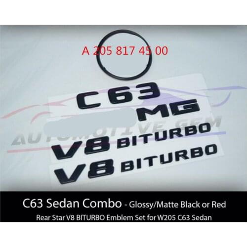 C63 SEDAN for AMG V8 BITURBO Rear Star Emblem Black Badge Combo Set for Mercedes W205 A 205 817 45 00