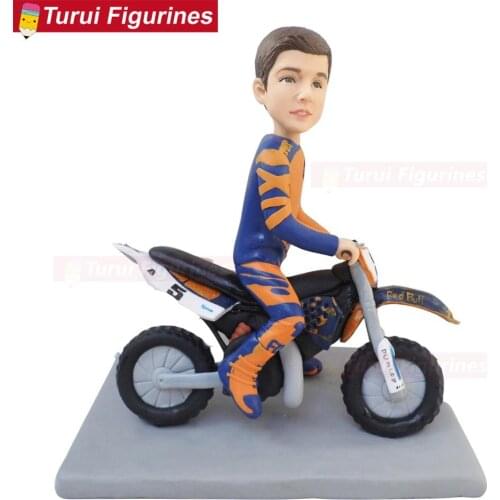 Kid riding motorcycle Motocross racing themed birthday cake toppers polymer clay handmade dolls