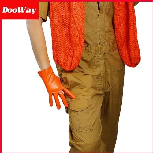 DooWay Women Leather Gloves Wrist Short Faux Lambskin Winter Warm Driving Costume Orange 21cm/ 8inches