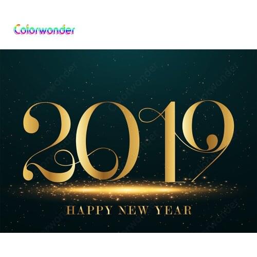 Colorwonder Photography Background Golden Words 2019 with Golden Sequins 7x5ft Black Seamless Backdrop for New Year Party Decor