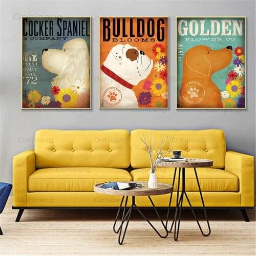 Canvas Painting Rrtro Flower Dog Posters and Prints Wall Art Poster Golden Bulldog Pug Living Room Decoration Cuadros Painting