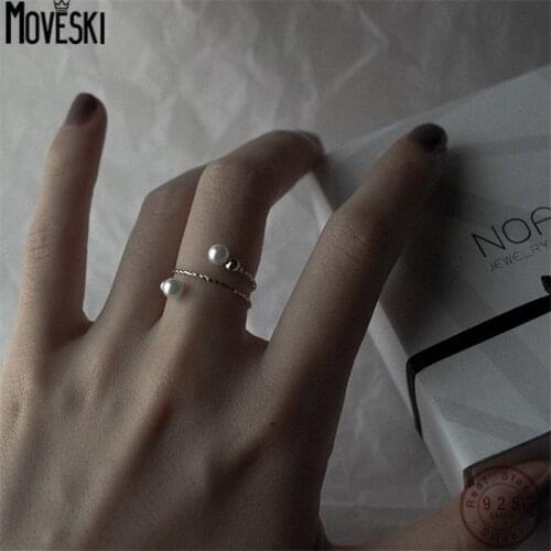 MOVESKI 925 Sterling Silver Retro Elasticity Pearl Ring Women Fashion Party Gifts Wedding Jewelry