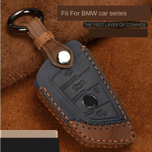 Crazy Horse Leather Car Key Cover For BMW X1 X5 X6 F15 F16 F48 1 2 Series Auto Smart Remote Fob Case Keychain Holder Protector