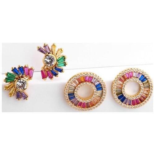 Moon multicolor Brass micro pave cz zircon cubic zirconia drop Hoop Earrings studs copper gold plated crystal wg2f