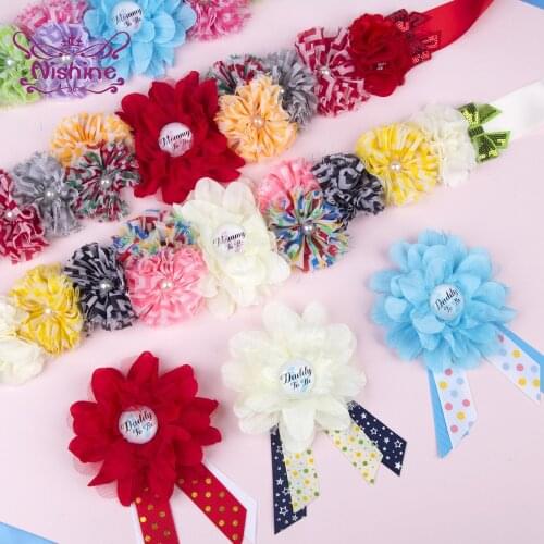 Nishine Fashion Print Ribbon Flower Brooch and Sash Set Cute Wave Floral Maternity Belts DIY Party Decoration Photography Props