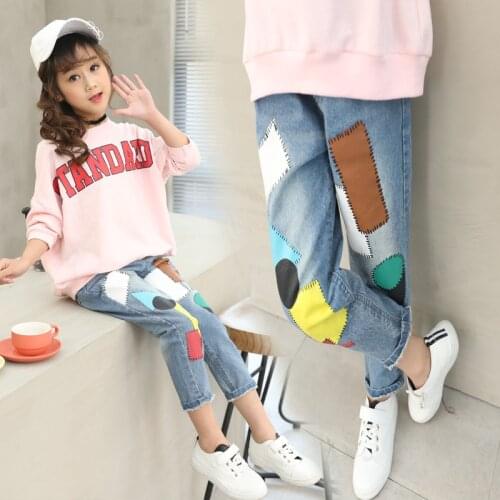 Fashion Patch Casual Trousers Cartoon Blue Jeans for Girls Boys Teenagers 4 5 6 7 8 9 10 11 12 Years Elastic Waist Denim Pants