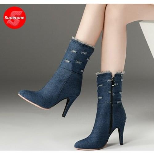 Superone Fashion Plus Size 28-43 Ripped Denim New Arrival Mid-calf Boots Women Winter High Heels Boots Woman Shoes Footwear