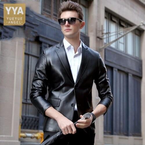 Mens Business Casual Genuine Leather Suit Jacket 2020 High Quality Spring Autumn Slim Fit Classic Black Sheepskin Short Blazer