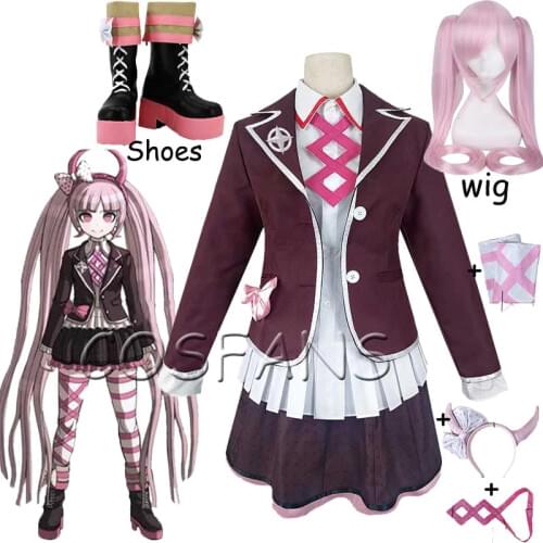 Costume Utsugi Kotoko Cosplay Wig and JK Uniform Danganronpa Another Episode Pink Long Hair Halloween Woman Party Clothes wig