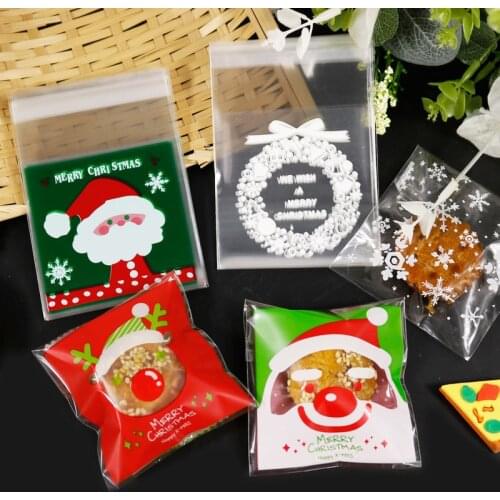100pcs Merry Christmas Plastic Bag Self Adhesive Cookies Candy Bags Santa Claus Snowflake Xmas Plastic Gift Bags 7x7+3cm