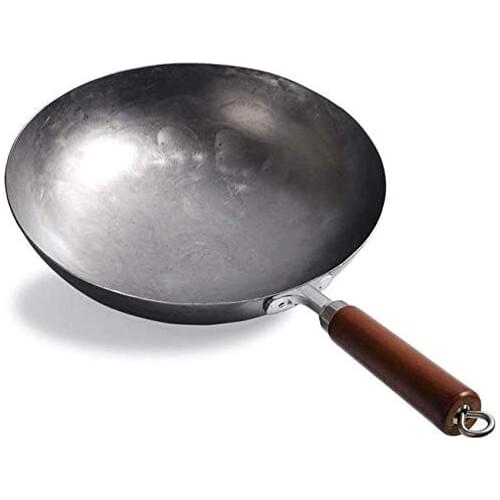 Hand Forged Wok Traditional Home Hand Hammered Uncoated Carbon Steel Pow Wok with Wooden Helper Handle and Ring