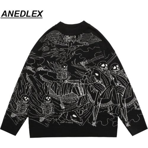 Knitted Sweater Hip Hop Streetwear Dark Skull Graffiti Pullover 2021 Men Women Harajuku Cotton Casual Sweater Autumn Pullover