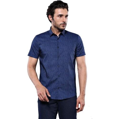 Navy Blue Patterned Short Sleeve Shirt Wessi