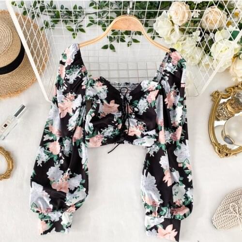 Retro Square neck Stretch elastic Slim Bubble sleeve Crop Top Super Fairy Sweet Flower Print Lace-up Holiday Beach Women Clothes