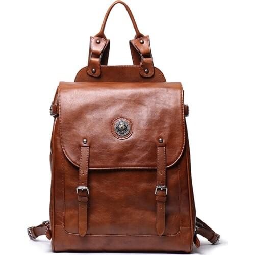Nesitu High Quality Vintage New Brown Coffee Genuine Leather 14'' 15.6'' Laptop Women Men Backpacks Female Male Travel Bag M9036