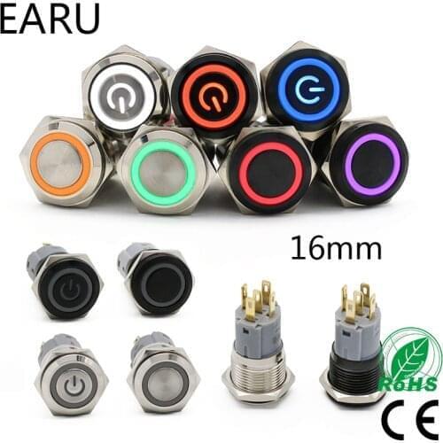 16mm Waterproof Metal Push Button Switch LED Light Oxide Black Momentary Latching Car Engine PC Power Switch Red Blue Green 12V